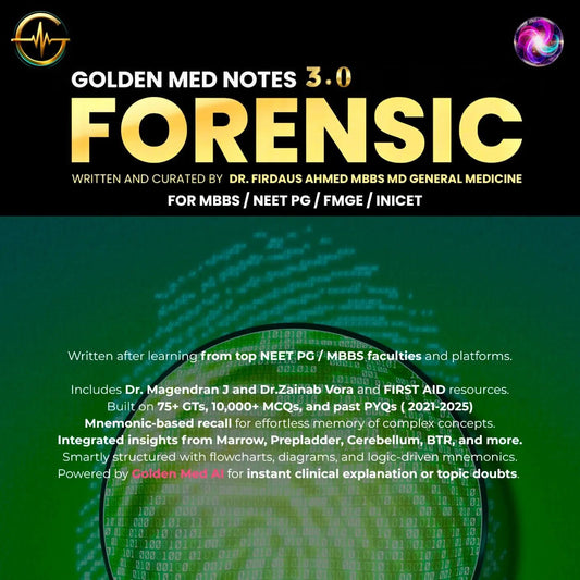 Forensic Medicine study notes digital edition by Golden Med Notes 3.0 with curated MCQs, flowcharts, mnemonics, and AI access for medical exam preparation