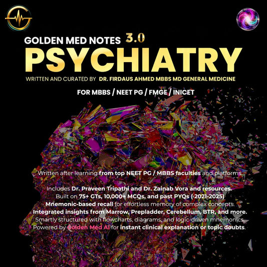 Psychiatry Golden Med Notes Edition 3.0 cover with key features and author details for medical exam preparation