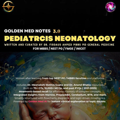 Paediatrics Neonatology Golden Med Notes Edition 3.0 cover for MBBS, NEET PG, FMGE, and INICET aspirants with clinical pediatric and neonatal study content